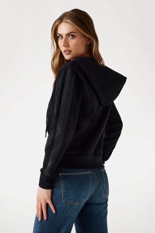 Guess Tam Fermuarlı Scuba Kumaş Kapüşonlu Sweatshirt Siyah