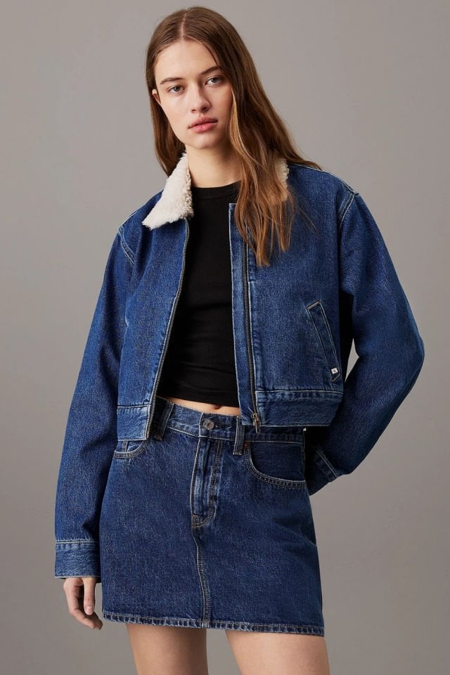 Calvin Klein Crop Fermuarlı Kot Ceket Denim
