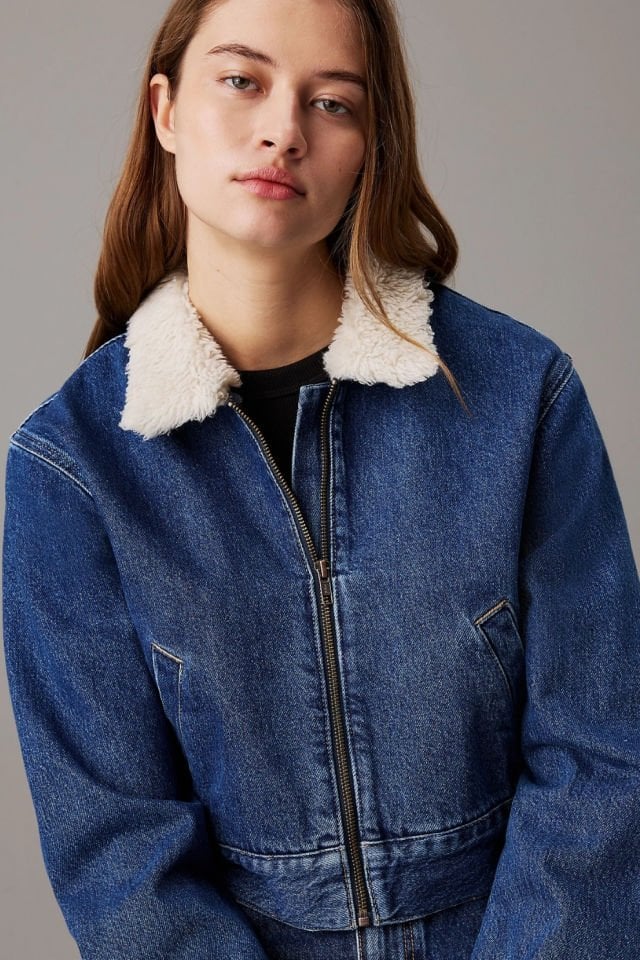 Calvin Klein Crop Fermuarlı Kot Ceket Denim