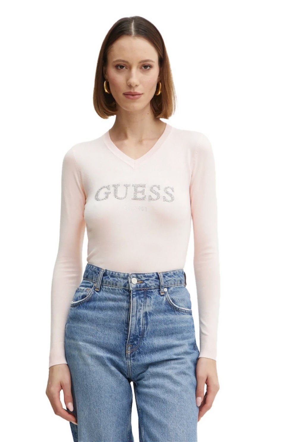Guess Holly Logo Low Key Kadın Örme Kazak Pembe