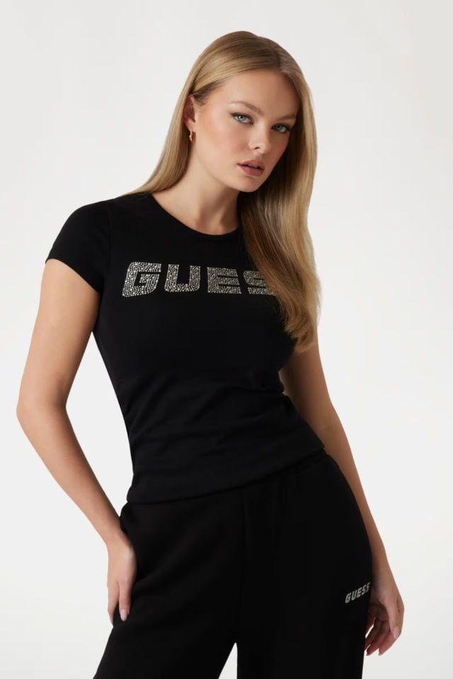 Guess Taşlı Logolu T-shirt Siyah