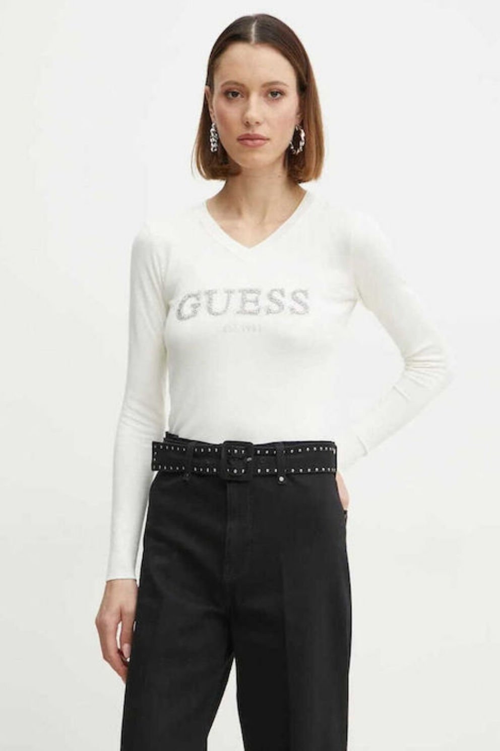 Guess Holly Logo Low Key Kadın Örme Kazak Beyaz