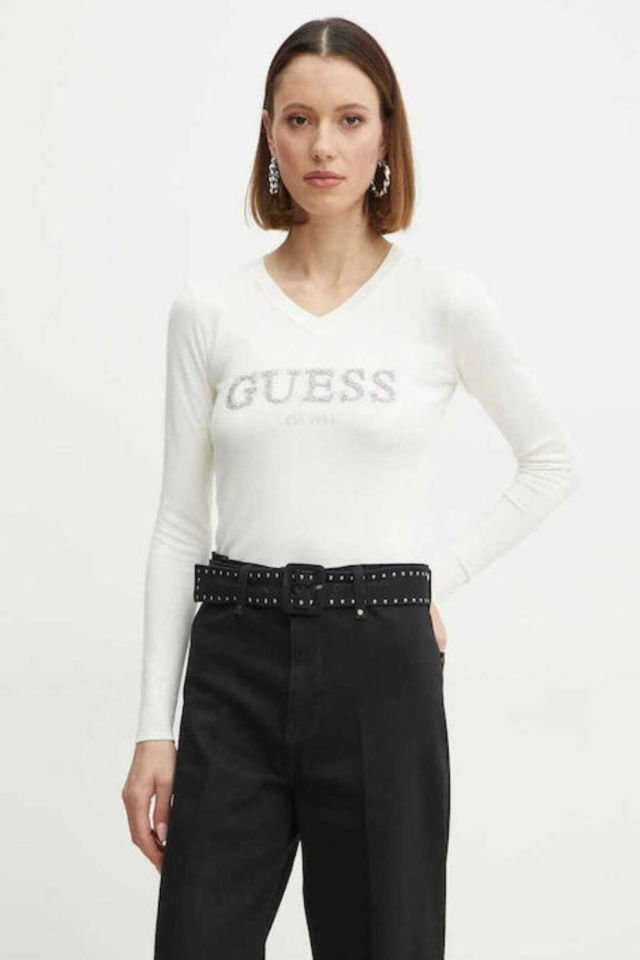 Guess Holly Logo Low Key Kadın Örme Kazak Beyaz