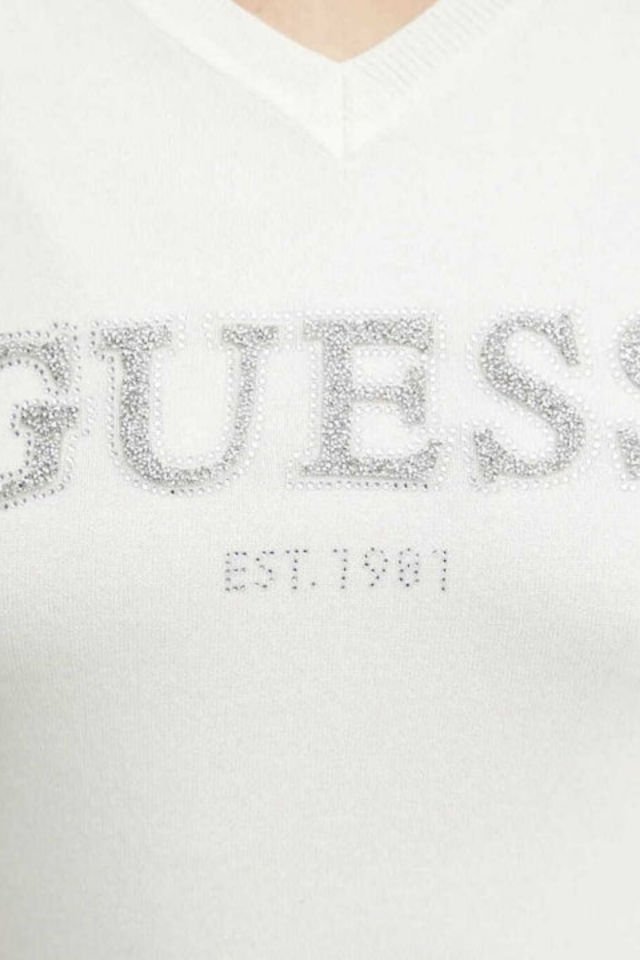 Guess Holly Logo Low Key Kadın Örme Kazak Beyaz