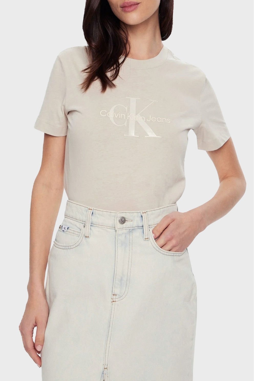 Calvin Klein Pamuklu Regular Fit Bisiklet Yaka Logolu Tişört Açık Gri
