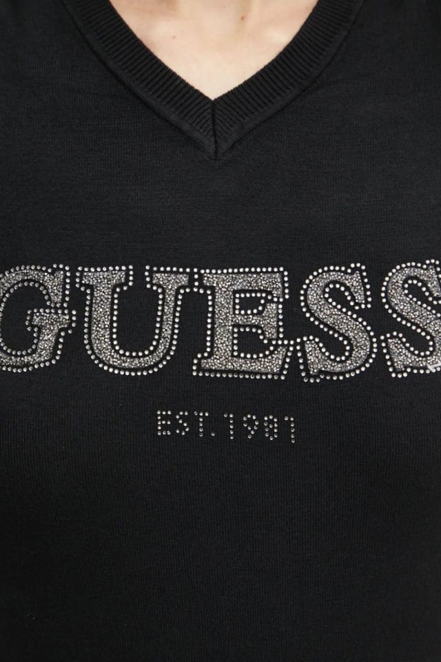 Guess Holly Logo Low Key Kadın Örme Kazak Siyah
