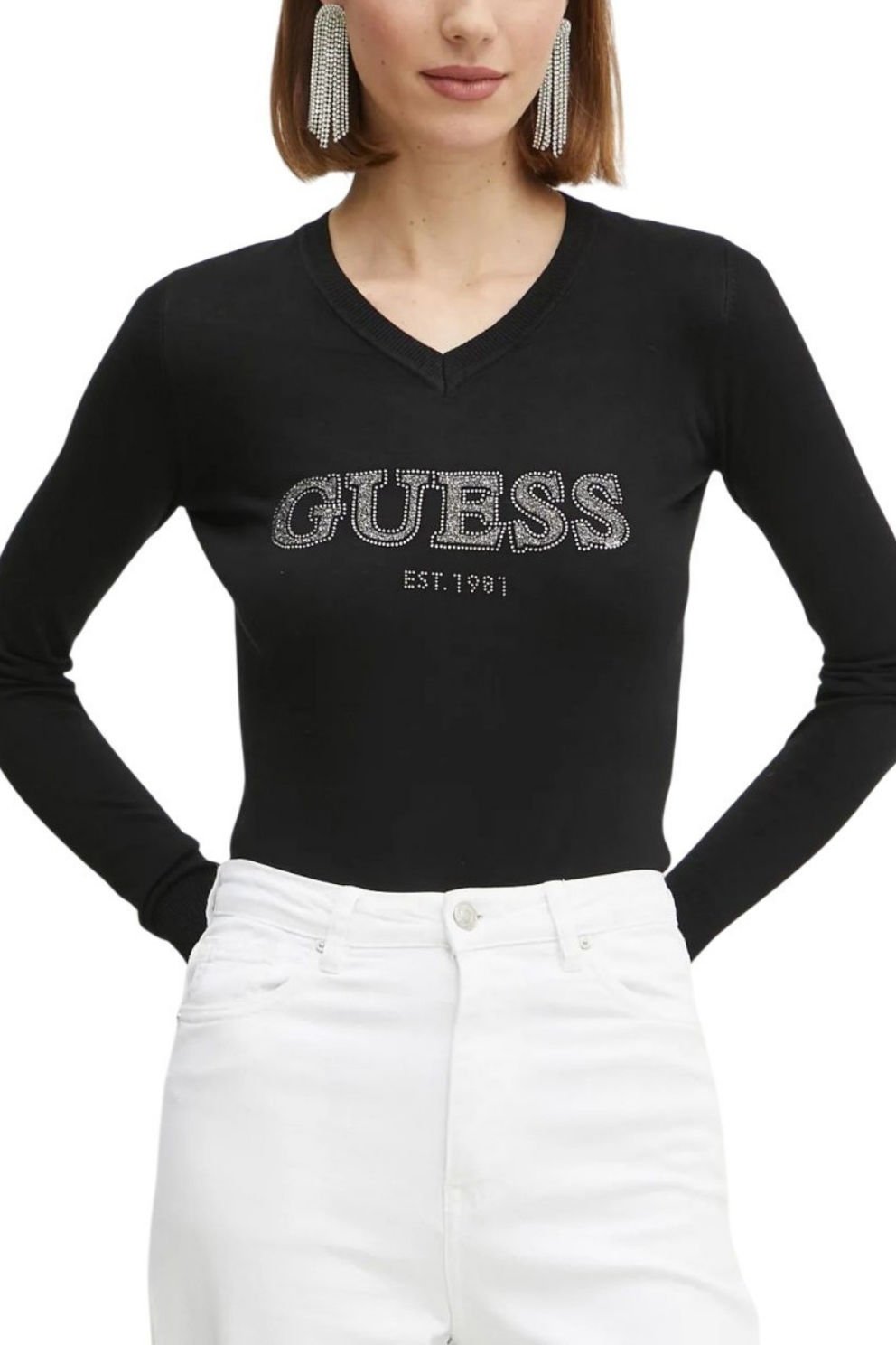 Guess Holly Logo Low Key Kadın Örme Kazak Siyah