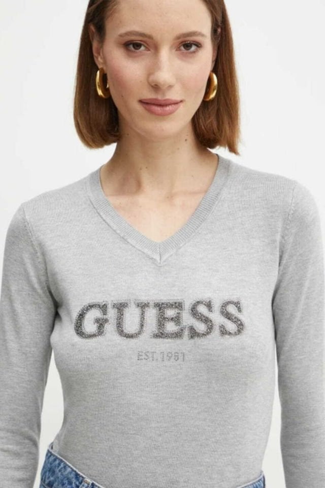 Guess Holly Logo Low Key Kadın Örme Kazak Gri