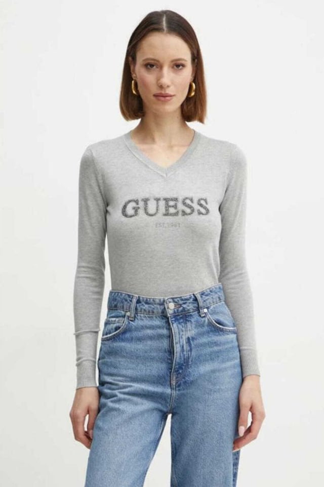 Guess Holly Logo Low Key Kadın Örme Kazak Gri