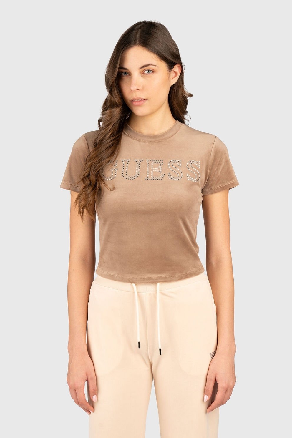 Guess Logolu Elmaslı Kadife Tişört Bej
