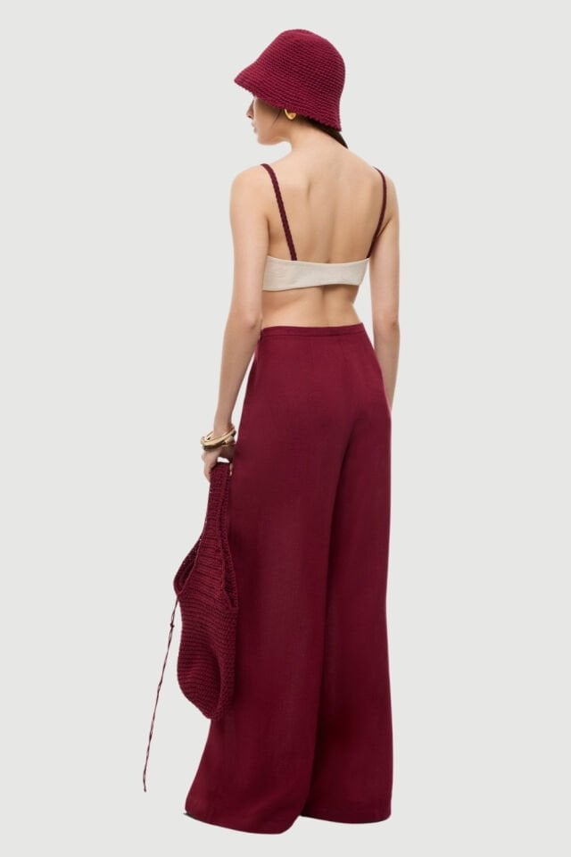 Roman Geniş Paça Keten Pantolon Bordo