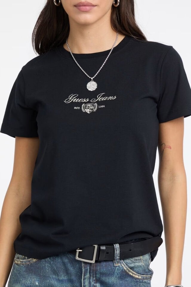 Guess Logo Nakış İşlemeli T-shirt Siyah
