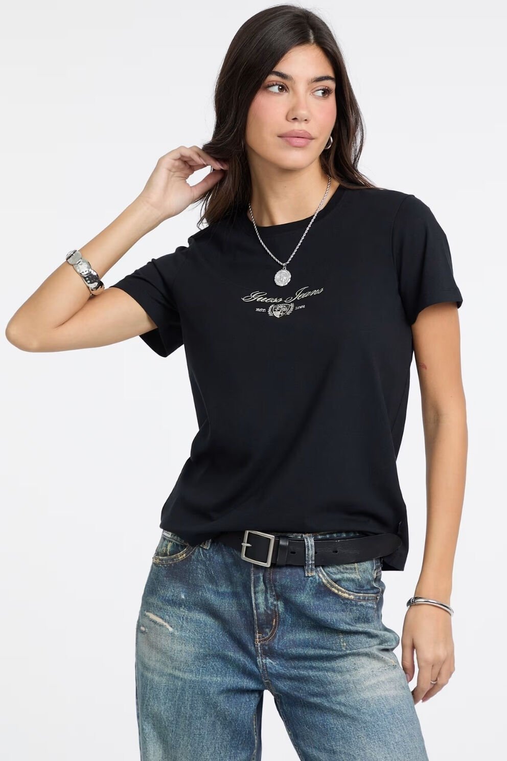 Guess Logo Nakış İşlemeli T-shirt Siyah