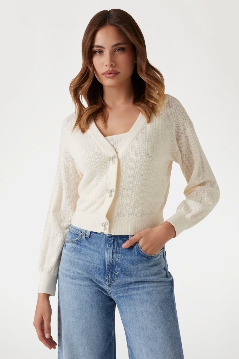 Guess Ajurlu Örgülü Kısa Hırka Beyaz