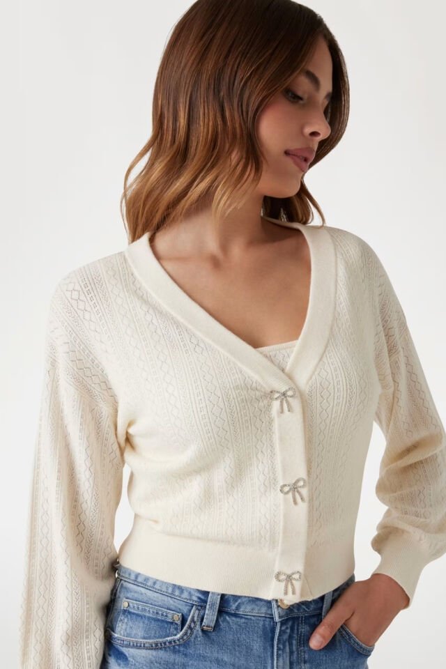 Guess Ajurlu Örgülü Kısa Hırka Beyaz