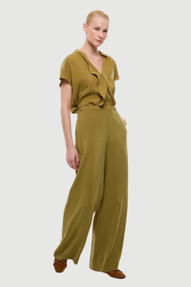 Roman Beli Lastikli Geniş Paça Pantolon Yeşil