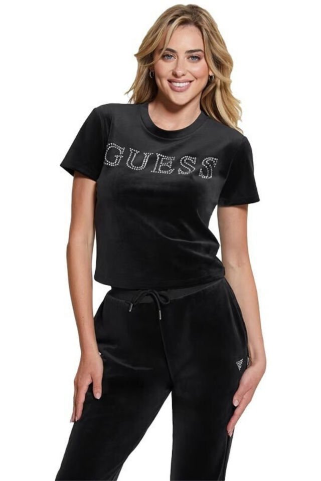 Guess Logolu Elmaslı Kadife Tişört Siyah