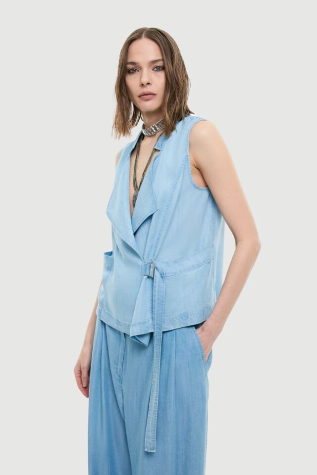 Roman Kruvaze Yaka Denim Yelek Mavi
