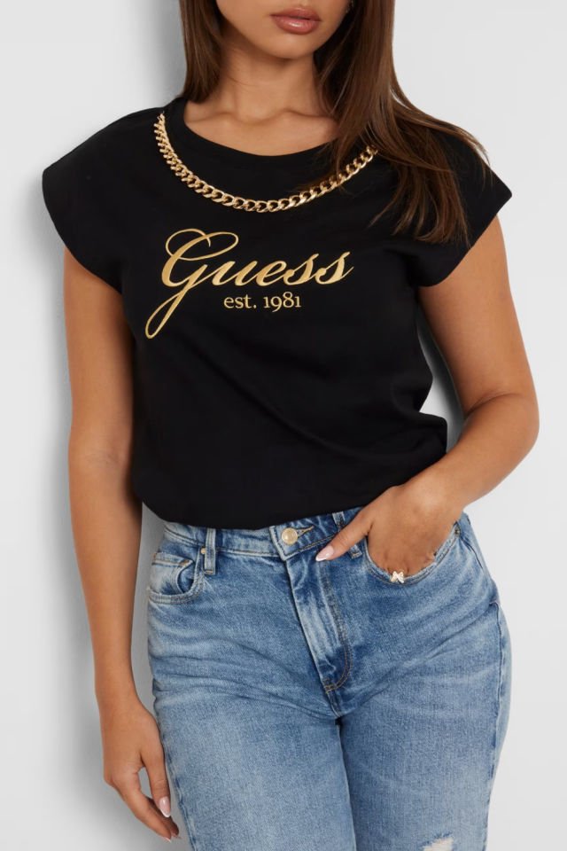 Guess Önü Taşlı Logolu T-Shirt Siyah