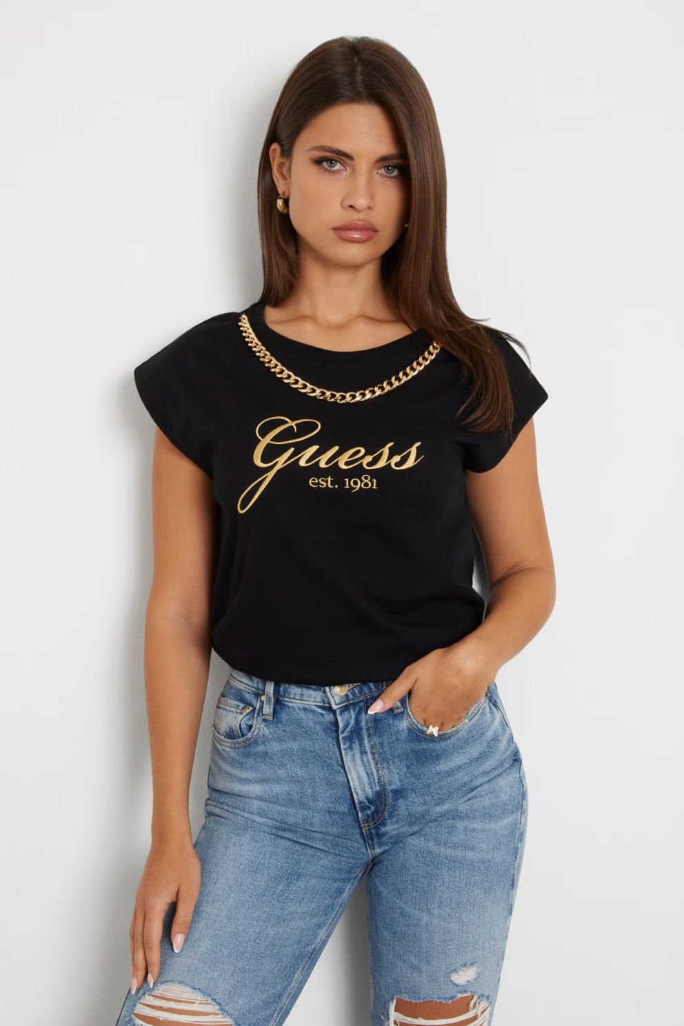 Guess Önü Taşlı Logolu T-Shirt Siyah