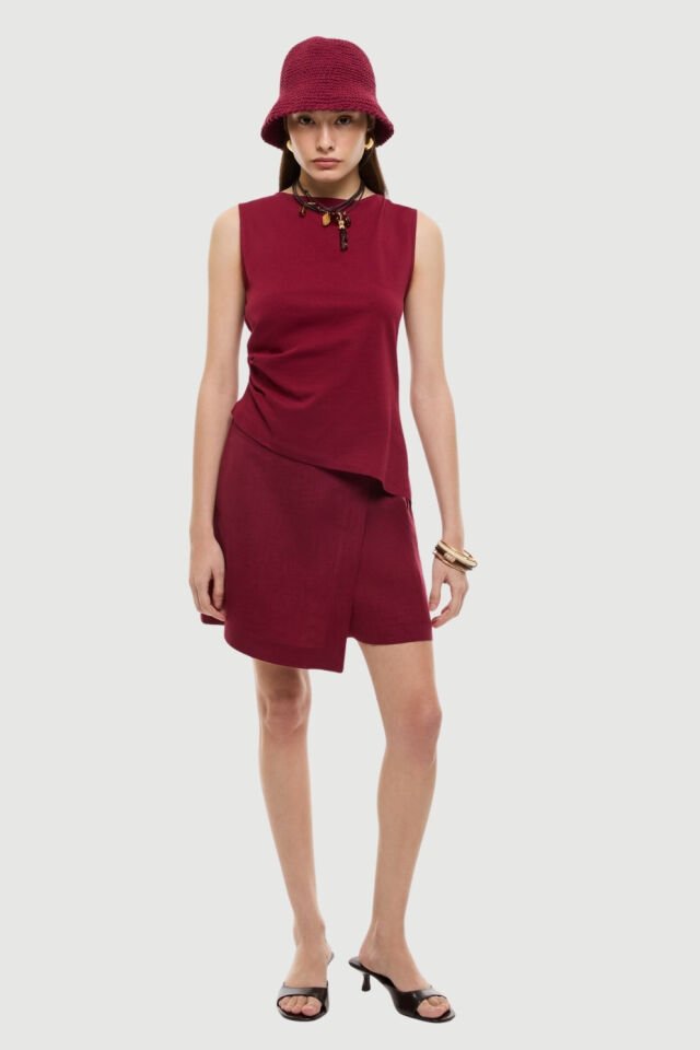 Roman Drape Detaylı Kolsuz T-shirt Bordo