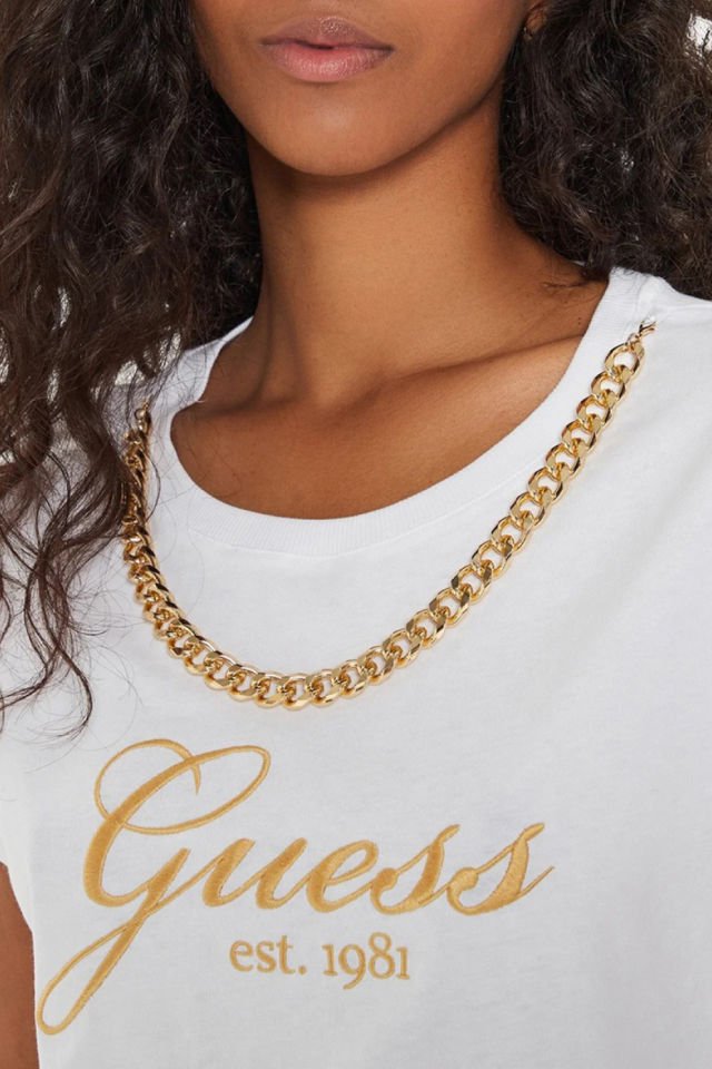 Guess Önü Taşlı Logolu T-Shirt Beyaz