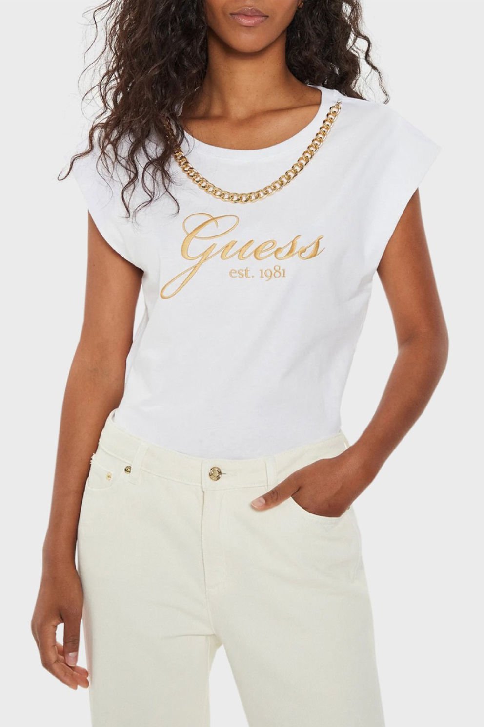 Guess Önü Taşlı Logolu T-Shirt Beyaz