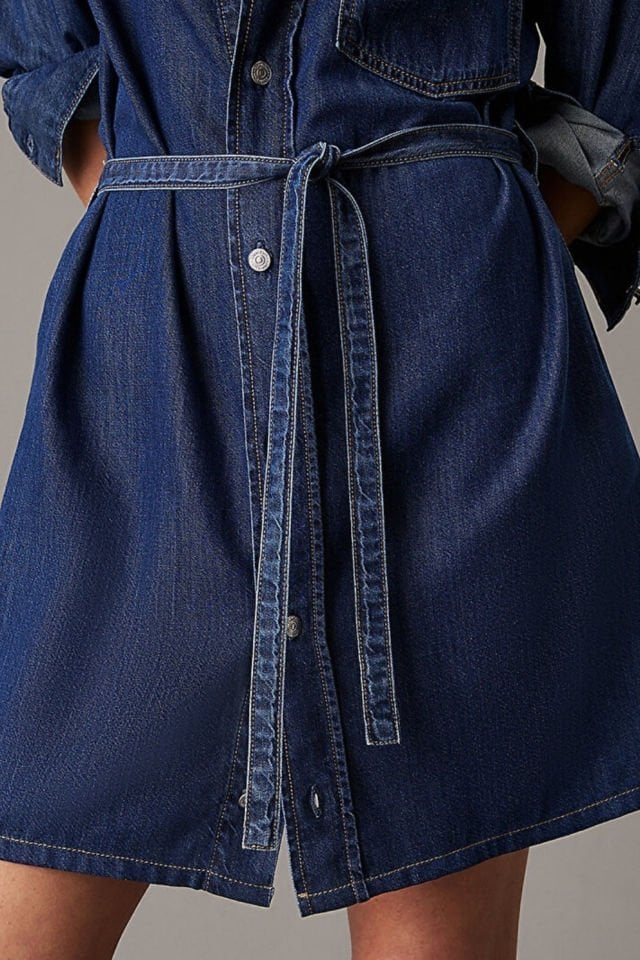 Calvin Klein Kadın Kemerli Denim Elbise Lacivert
