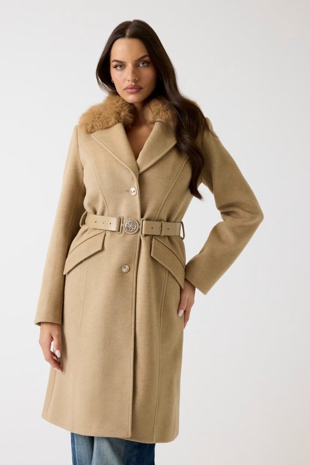 Guess Yün Karışımı Kemerli Palto Açık Kahverengi