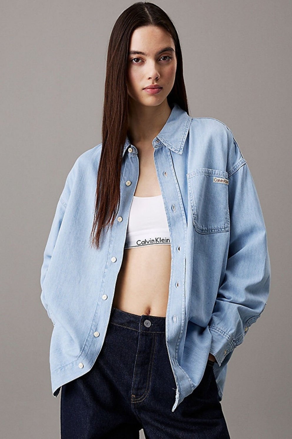 Calvin Klein Kadın Oversize Denim Gömlek Mavi