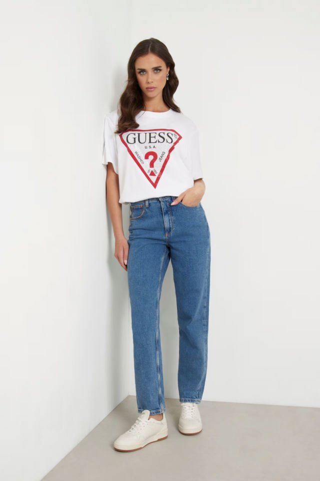 Guess Taşlı Üçgen Logolu T-Shirt Beyaz