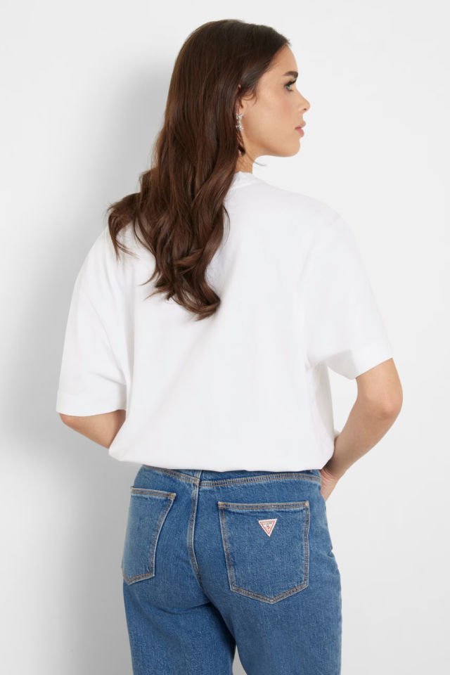 Guess Taşlı Üçgen Logolu T-Shirt Beyaz