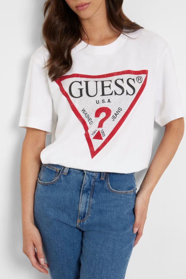 Guess Taşlı Üçgen Logolu T-Shirt Beyaz