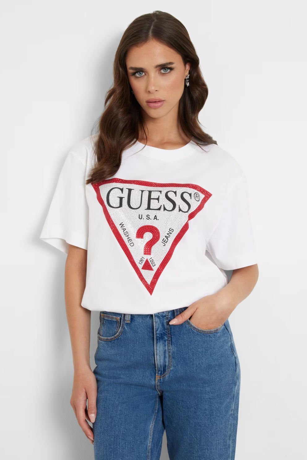 Guess Taşlı Üçgen Logolu T-Shirt Beyaz