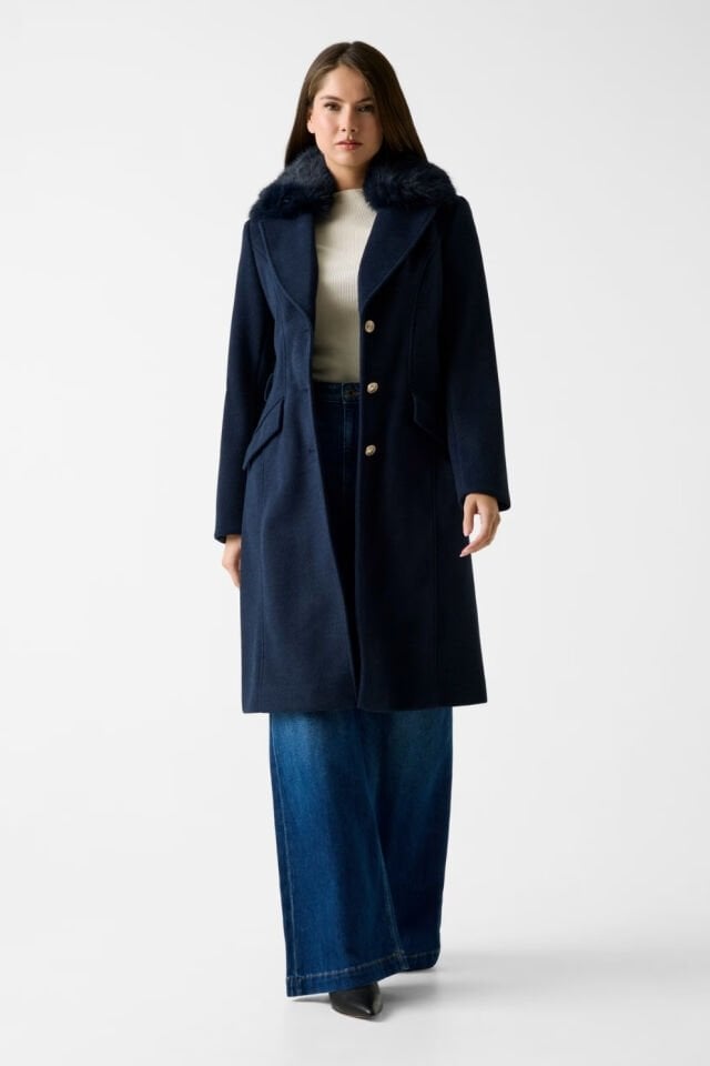 Guess Yün Karışımı Kemerli Palto Koyu Mavi