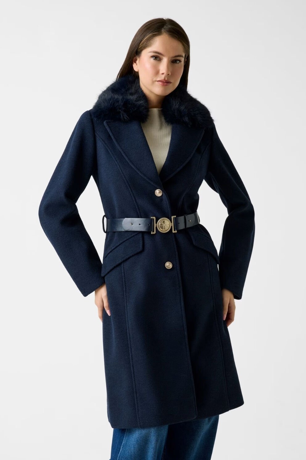 Guess Yün Karışımı Kemerli Palto Koyu Mavi