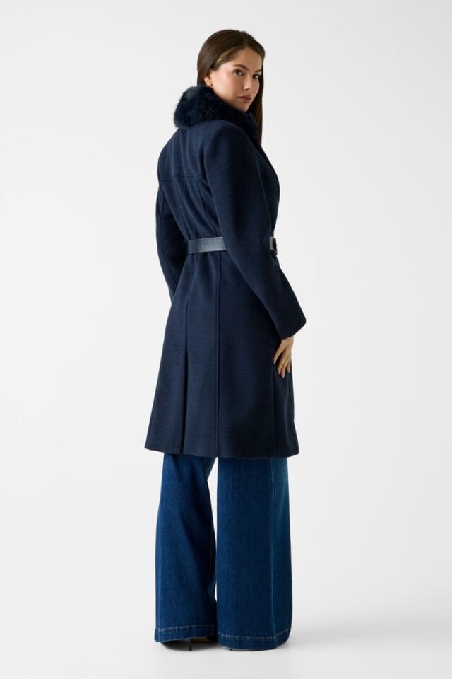 Guess Yün Karışımı Kemerli Palto Koyu Mavi