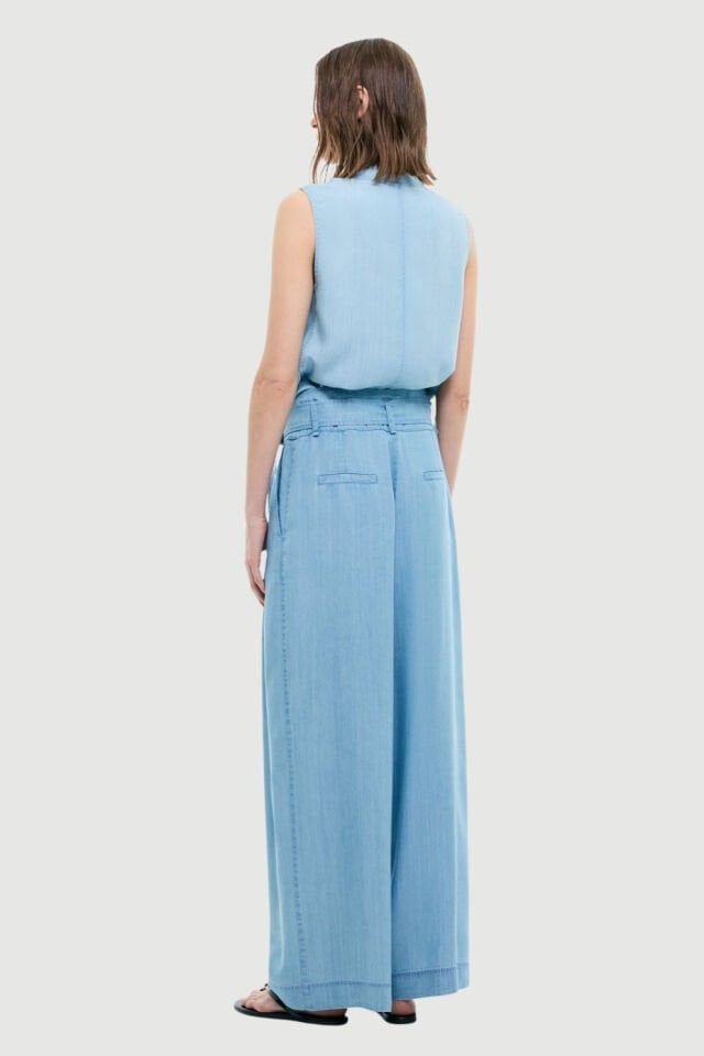 Roman Beli Kemerli Denim Palazzo Pantolon Mavi