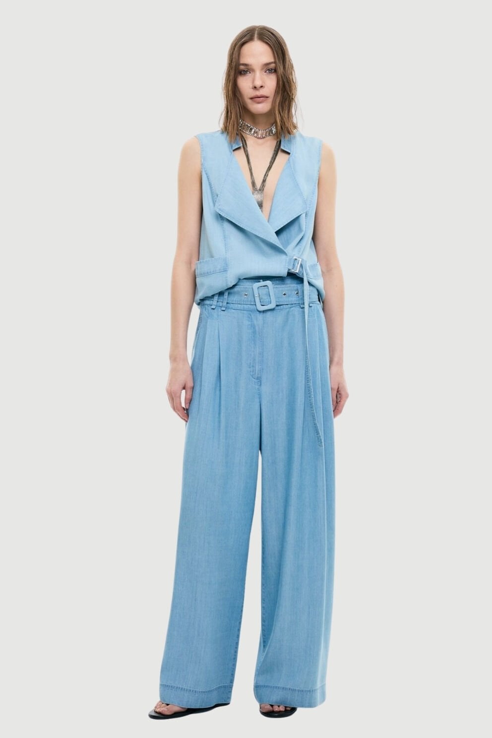 Roman Beli Kemerli Denim Palazzo Pantolon Mavi