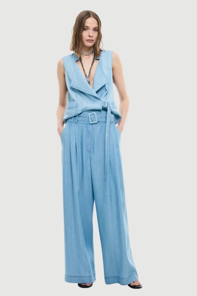 Roman Beli Kemerli Denim Palazzo Pantolon Mavi