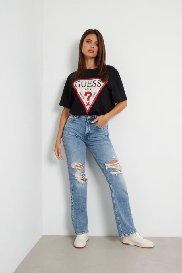 Guess Taşlı Üçgen Logolu T-Shirt Siyah