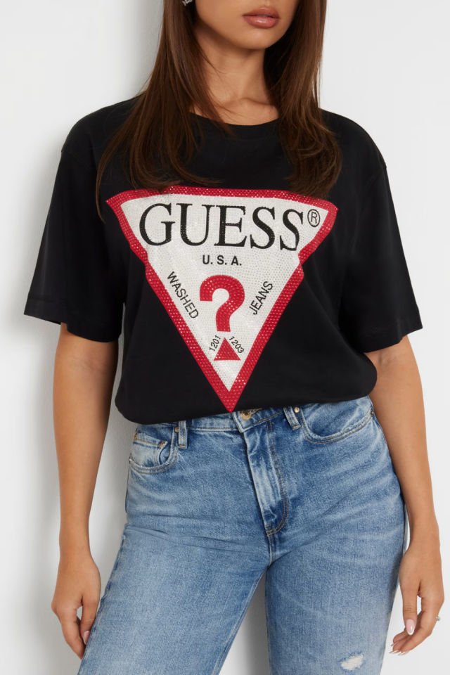 Guess Taşlı Üçgen Logolu T-Shirt Siyah
