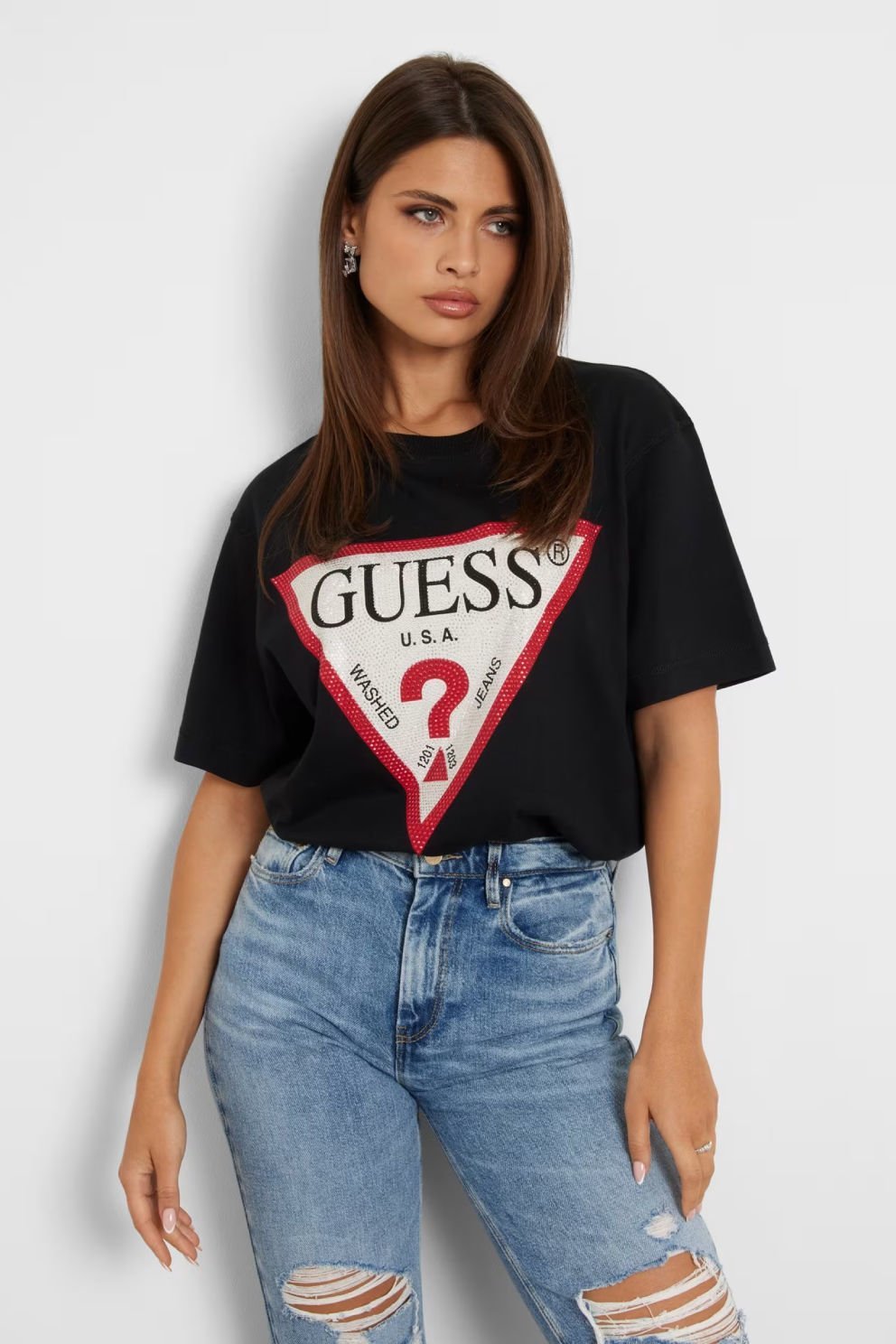 Guess Taşlı Üçgen Logolu T-Shirt Siyah