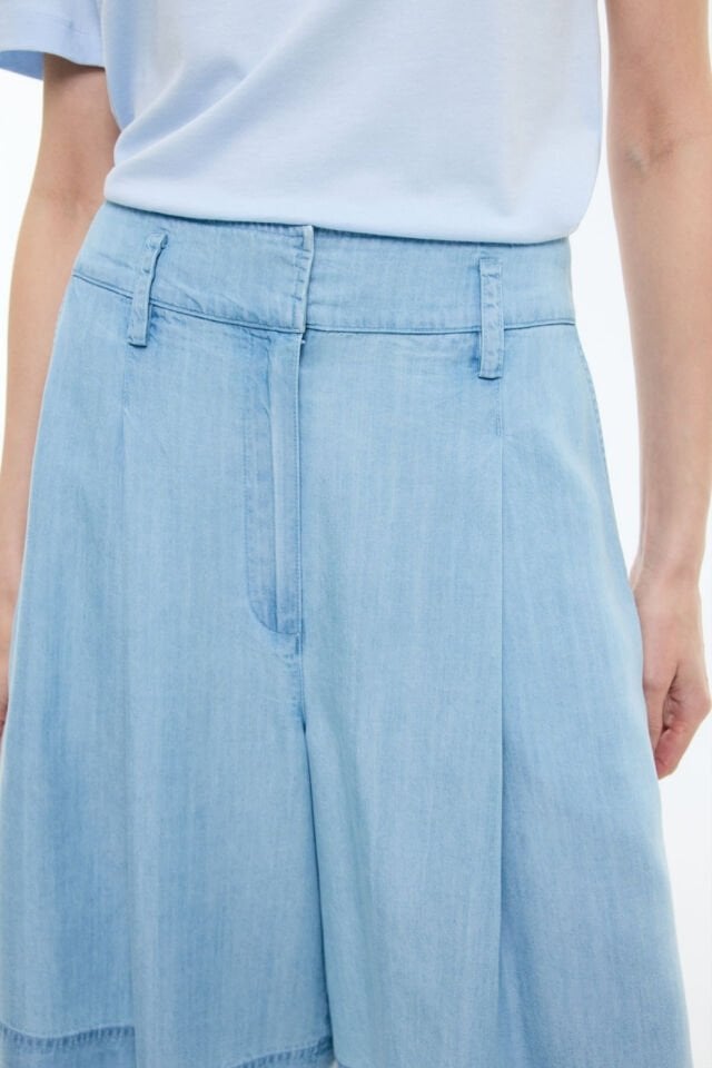 Roman Pileli Denim Bermuda Pantolon Mavi