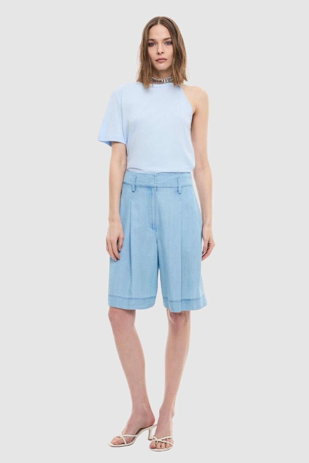 Roman Pileli Denim Bermuda Pantolon Mavi
