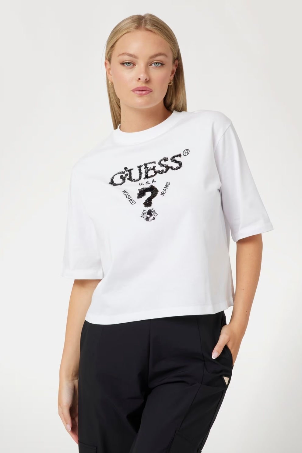 Guess Payetli Önü Logolu T-shirt Beyaz