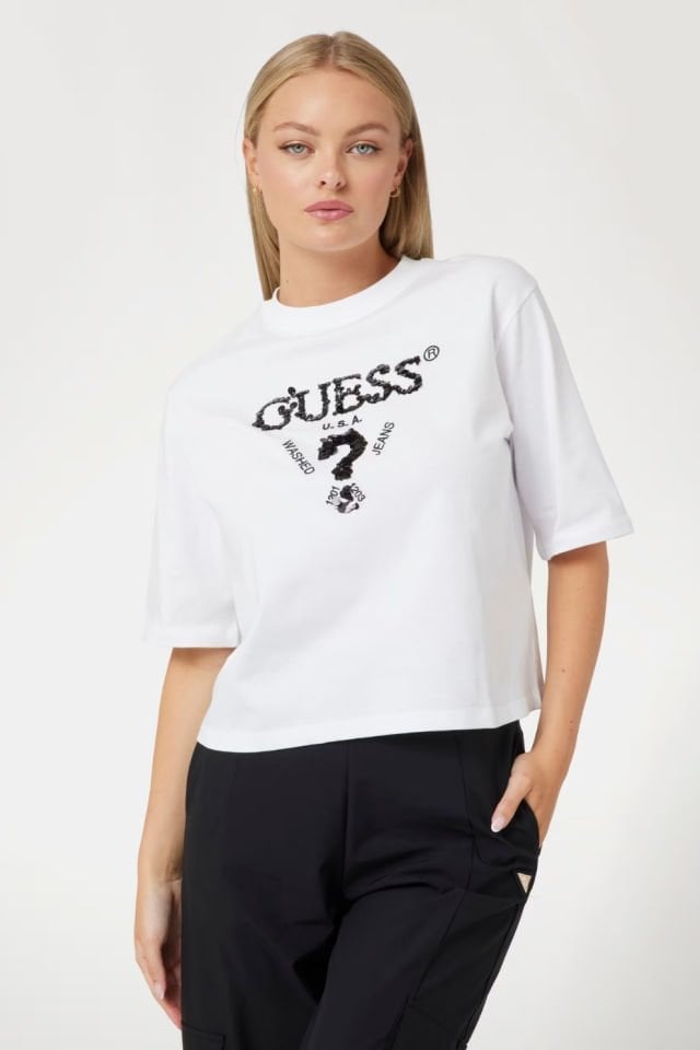 Guess Payetli Önü Logolu T-shirt Beyaz