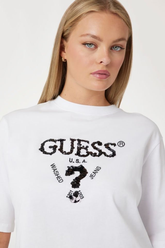 Guess Payetli Önü Logolu T-shirt Beyaz