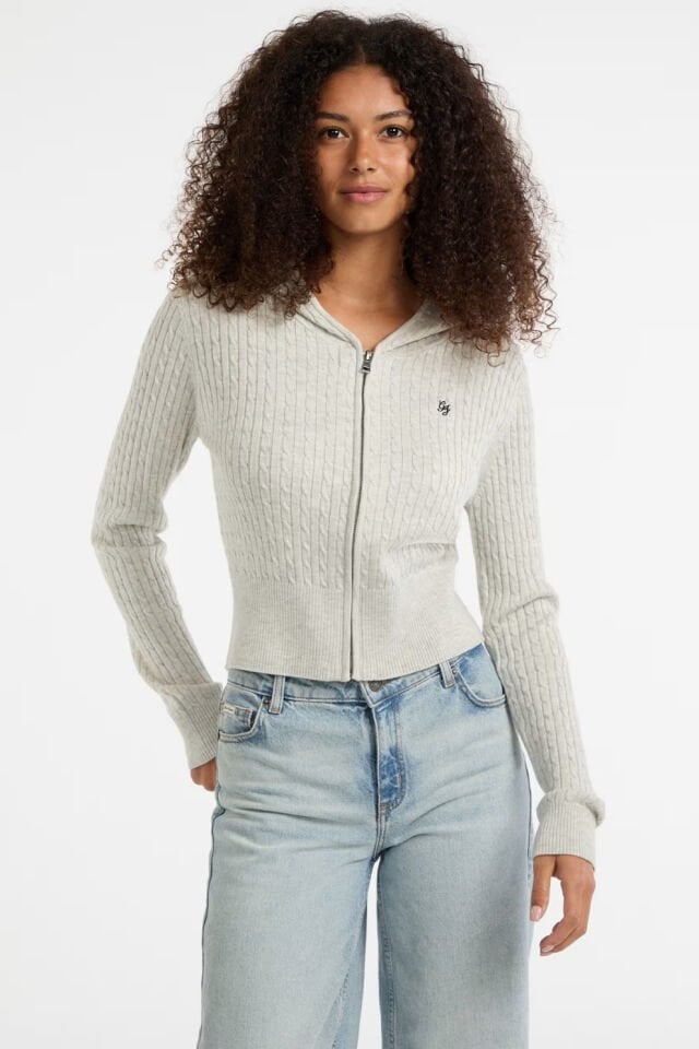 Guess Kablo Örgülü Kapüşonlu Hırka Gri