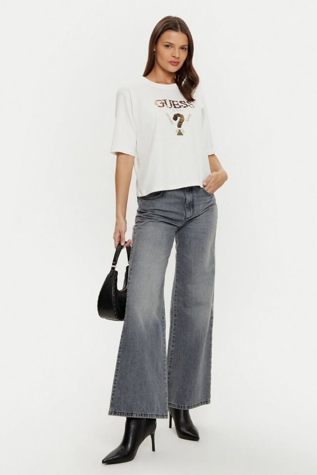 Guess Payetli Önü Logolu T-shirt Ekru